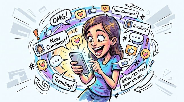 Social Media Overload: A young woman immersed in her smartphone is surrounded by a flurry of notifications, likes, comments, and trending symbols.