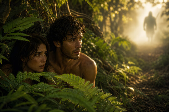 Adam and Eve hiding in Garden of Eden after eating forbidden fruit, fearing God, Genesis fall story