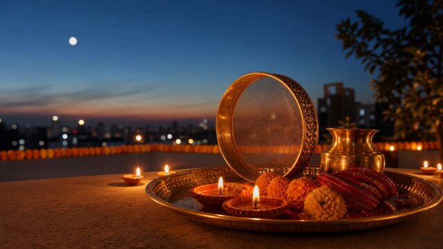 Traditional Karva Chauth puja thali with a sieve, lit diyas