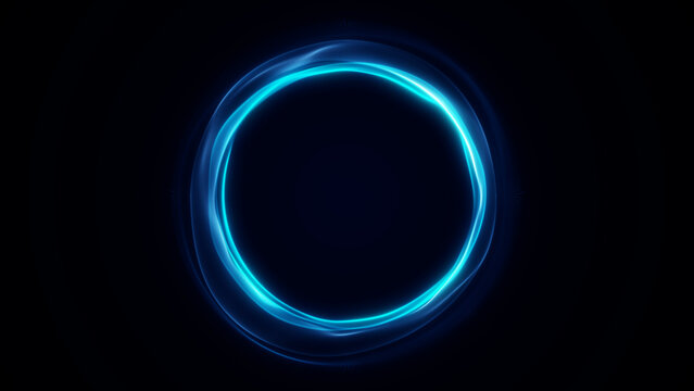 Cyan blue light ring moves with soft energy waves on a deep dark background, creating a polished futuristic frame in 4k 60fps loop.