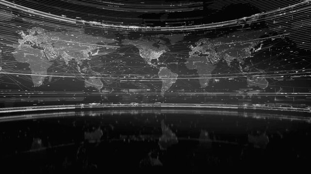 Rotating particle world map animation for global data, seamless loop Digital world map with glowing particles on dark blue background representing global network and big data