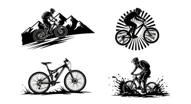 Set of Mountain Bike Vector Illustrations Featuring Cyclists in Various Outdoor Scenarios and Terrain
