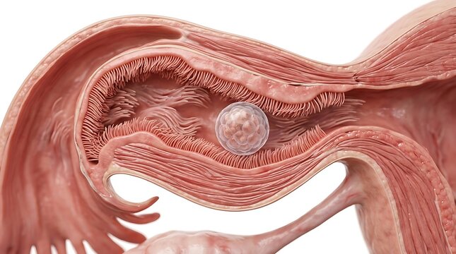 Closeup anatomical illustration of sperm cell near fallopian tube cilia