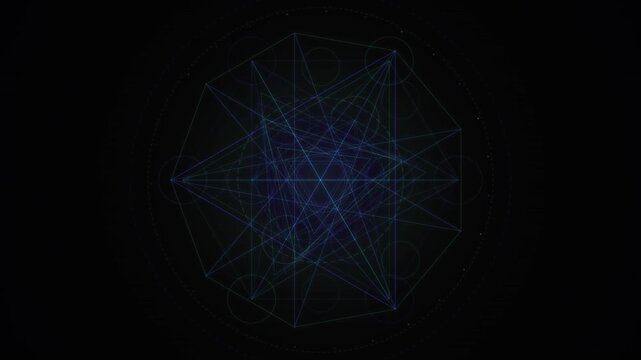 Intricate geometric pattern of glowing blue lines forming a sacred mandala shape against a dark background