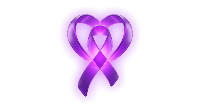 Glowing purple awareness ribbon shaped like a heart symbol with awareness month