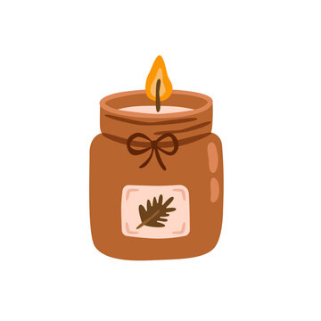 Flat vector illustration of a cozy brown candle in a decorated jar with a bow, leaf label and warm flame, perfect for autumn, seasonal decor and cozy home designs.