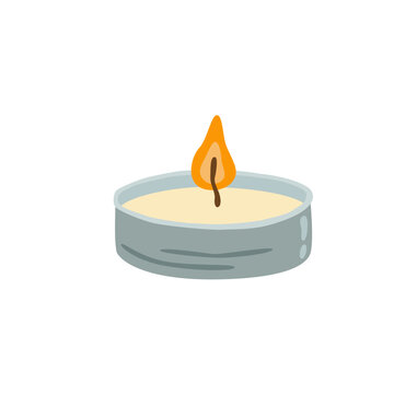 Flat vector illustration of a simple tealight candle in a gray metal container with a warm burning flame, suitable for cozy autumn, home decor and seasonal designs.