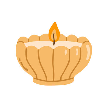 Flat vector illustration of a flower-shaped candle with a warm flame, soft pumpkin-inspired colors and decorative wax details. 