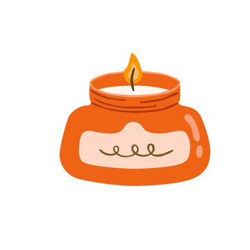 Flat vector illustration of an orange decorative candle with a warm flame, wax details and a cozy autumn aesthetic, suitable for seasonal, home decor and festive designs.