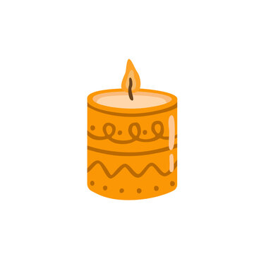 Flat vector illustration of a decorative orange candle with a warm flame and ornamental wax details, suitable for autumn, harvest, cozy, festive and home decor designs.