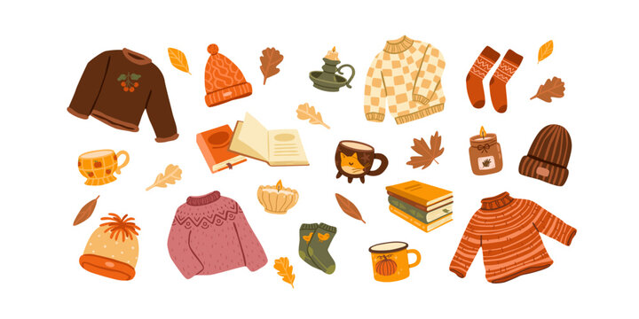 Flat vector illustration of cozy autumn essentials including sweaters, hats, socks, books, mugs, candles, leaves and warm seasonal accessories isolated on a white background.