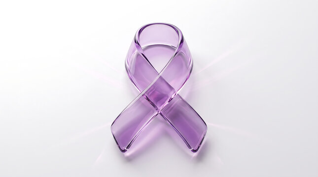 Single translucent purple awareness ribbon on white background with awareness