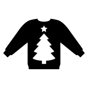 Tiempo de Navidad. Icono con dibujo sencillo de la silueta de un su&eacute;ter feo de navidad con estampado de un &aacute;rbol de navidad con estrella para su uso en tarjetas y felicitaciones	