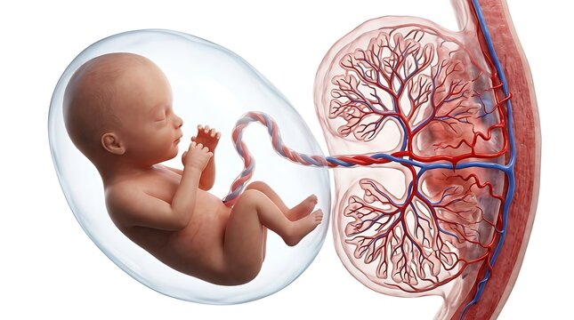 Fetus connected to placenta with umbilical cord and maternal kidney blood vessels