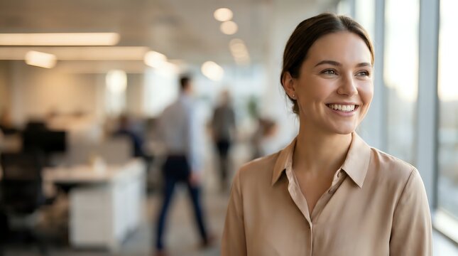 ConfidentSmile-WarmBeige-SoftSilk-EmployeeWellbeingCampaign-BlurredBusyOfficeBackground
