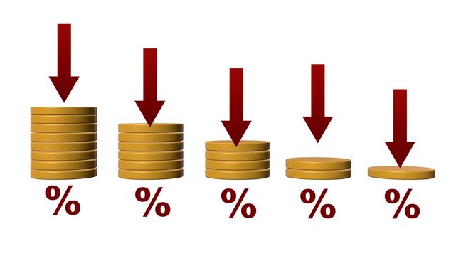 Declining Financial Value Illustrated by Progressively Smaller Coin Stacks, Downward Arrows, and Percentage Symbols, Representing Falling Rates, Reduced Returns, Depreciation, and Economic Decline