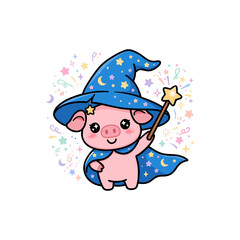 Cute baby pig in a blue wizard costume holding a magic wand, cartoon illustration isolated on transparent background (PNG)