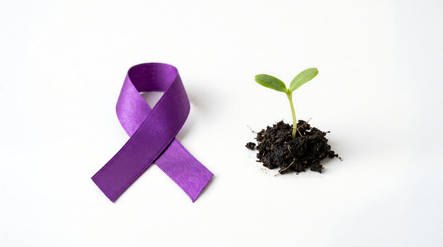 Purple awareness ribbon next to a small green plant seedling in soil