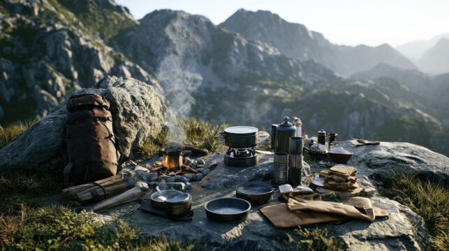 A camping setup is visible on a rocky surface in the mountains. Cooking gear is arranged around a small fire, and there are food items on the ground