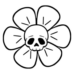 Fototapeta premium Icono con dibujo sencillo con líneas de una calavera humana en el centro de una flor tipo margarita, para felicitaciones y tarjetas de Halloween 