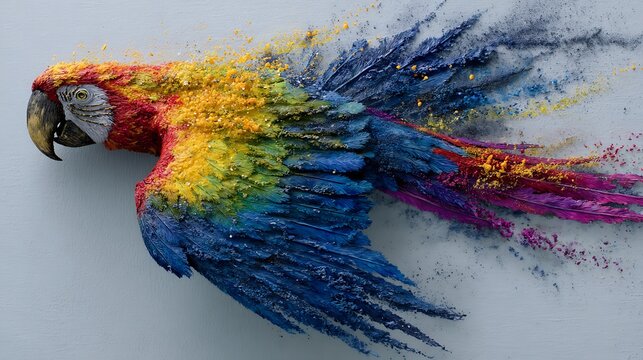 Colorful Macaw Dissolving Into Vibrant Paint Powder, Abstract Bird Art Concept