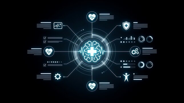 Digital medical brain interface dashboard displaying health data analytics and clinical diagnostic network information systems