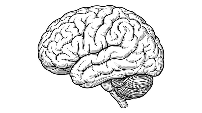 Monochrome line art illustration of a human brain, intricately detailed from a side profile, showcasing its complex anatomy for educational and scientific design projects