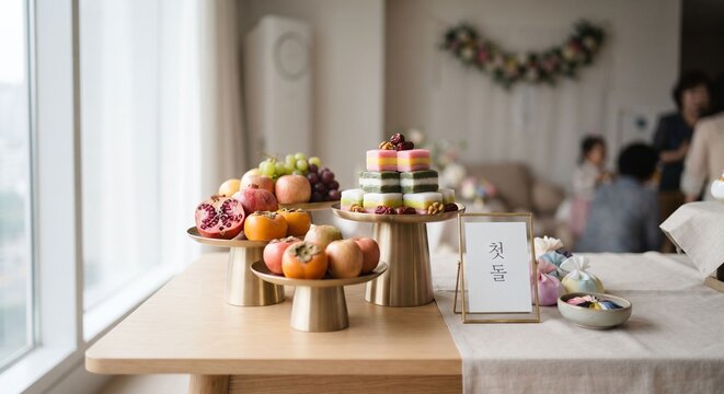 Traditional Korean first birthday table with rice cake and fruit stands