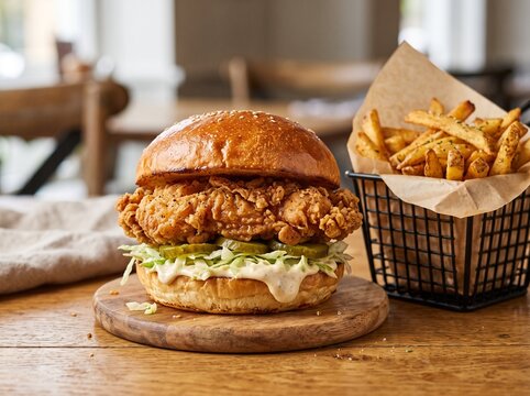 Southern fried chicken sandwich with pickles and slaw served with fries in wire basket.