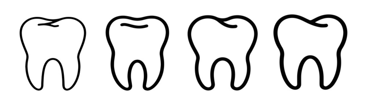 Set of tooth icons outline with different shape and size for dental care and hygiene vector illustration.