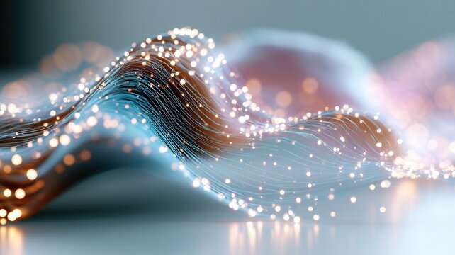 Abstract wavy surface with glowing network connections representing data flow digital technology concept