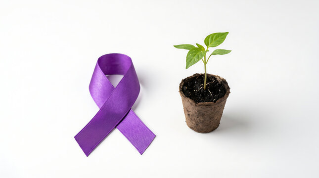 Purple awareness ribbon with green sprout on white background. Cancer support symbol, growth concept, vitality, hope, health symbol.