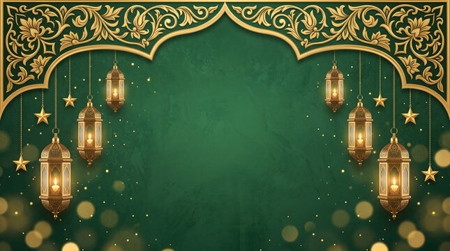 Islamic Green Background with Golden Arabesque Arch Hanging Lanterns Stars Copy Space, eid milad un nabi, 