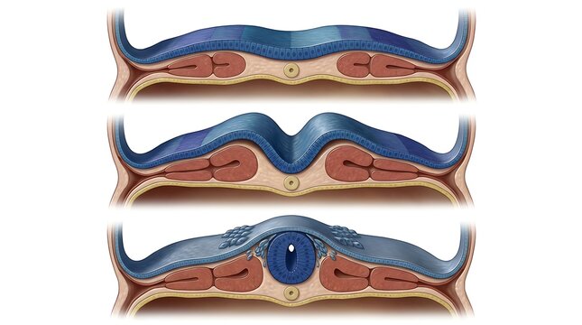 Medical illustration of spinal disc herniation and surgical repair process