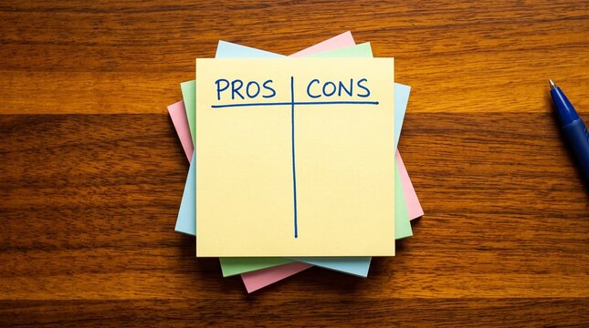 Pros and Cons List Written on Sticky Note Over Wooden Background