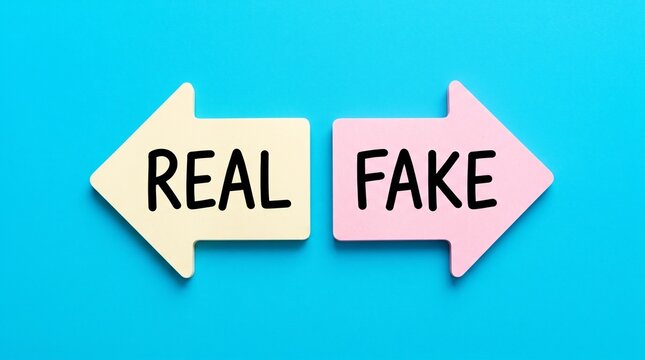 Real vs Fake choice concept with arrows on blue background