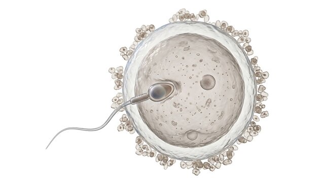 Sperm Cell Fertilizing Human Egg Cell Under Microscope