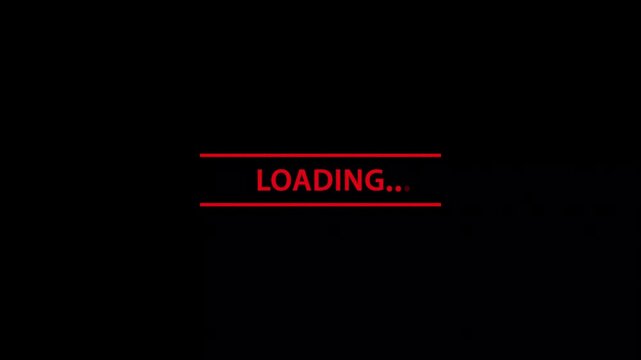 Loading text animation with red grainy effect on black background screen