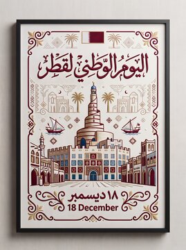 Qatar National Day December 18 Poster with Katara Towers and Dhow Boats