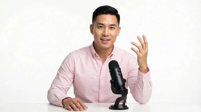 Professional Voice: Thai-Korean Live Streamer in Pink Shirt with Desktop Microphone on Pure White