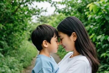 Fototapeta premium Asian mother holds young son in arms at nature forest path. Caring parent touches child forehead. Loving female embraces boy outdoors in green summer park. Family members enjoy closeness, bond during