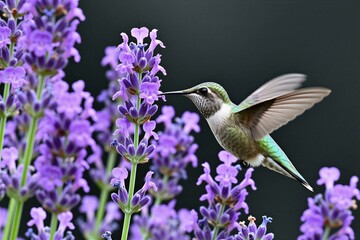 Naklejka premium Small hummingbird flies near blooming lavender. Bird drinks nectar from purple flowers. Tiny animal hovers with wings spread wide. Nature scene captures beauty of wildlife.