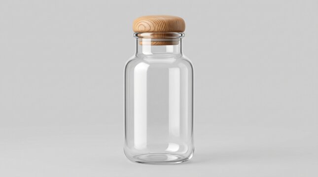 Minimalist glass bottle with wooden cork lid, empty transparent apothecary jar mockup, clear glass container for cosmetic or food packaging