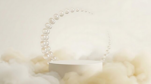 A minimal 3d render featuring a smooth platform surrounded by floating pearls and soft clouds with an adkar inspired serene spiritual aesthetic design.