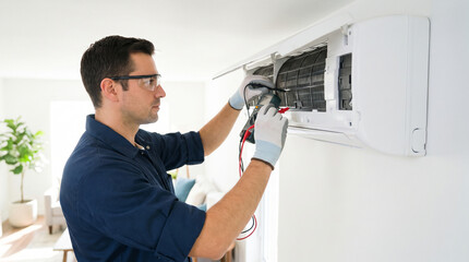 Obraz premium Professional Technician Inspecting Residential Air Conditioning Unit