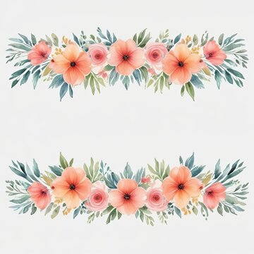 Aquarell Blumenrahmen mit Pfirsich- und Rosablueten auf weissem Hintergrund