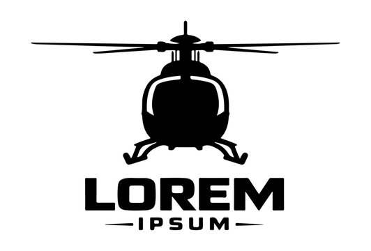 Black helicopter icon with text lorem ipsum below on flat design