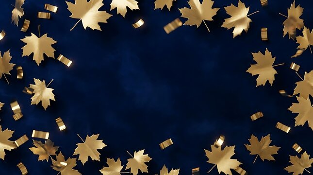 Golden maple leaves and confetti on dark blue background