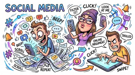 Fototapeta premium Social Media Mania: A vibrant, cartoon-style illustration depicting the chaotic and engaging world of social media, with people immersed in their phones, scrolling, liking, and interacting online.