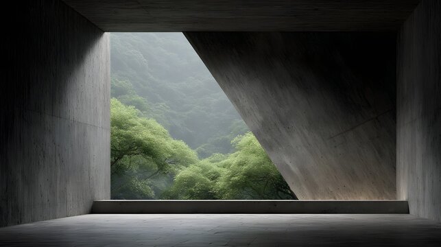Modern brutalist concrete interior with angular geometric window overlooking lush misty rainforest for architectural mockups and wellness retreat presentation backgrounds
